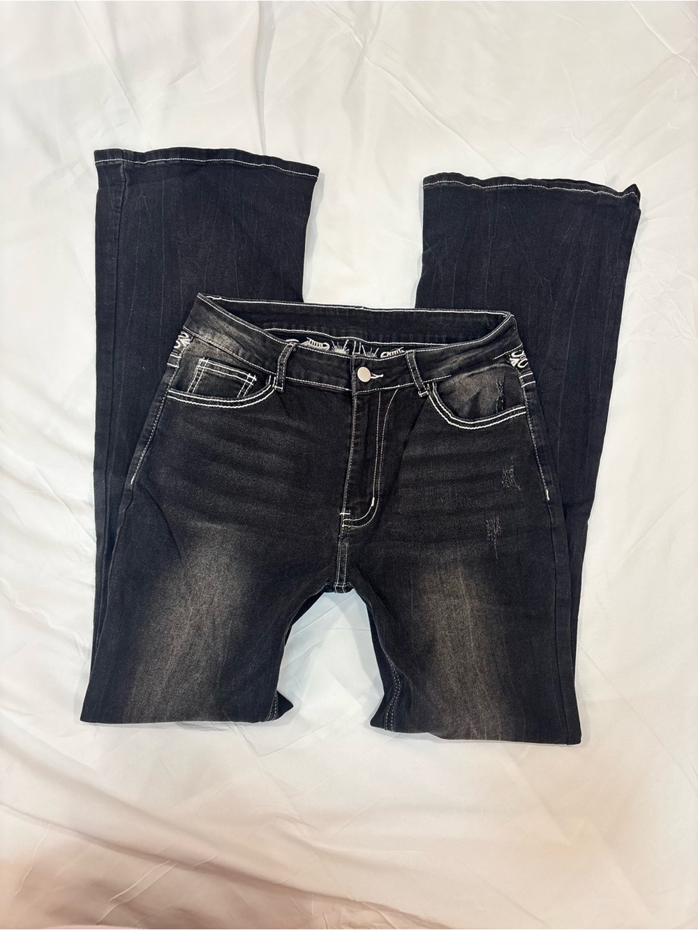 ROMWE Y2K Black Rhinestone Cross Flare Jeans Size L